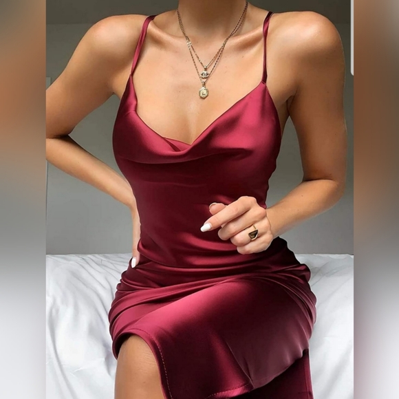 Spaghetti Strap Satin Dress with Overlapping Scrunch Detail